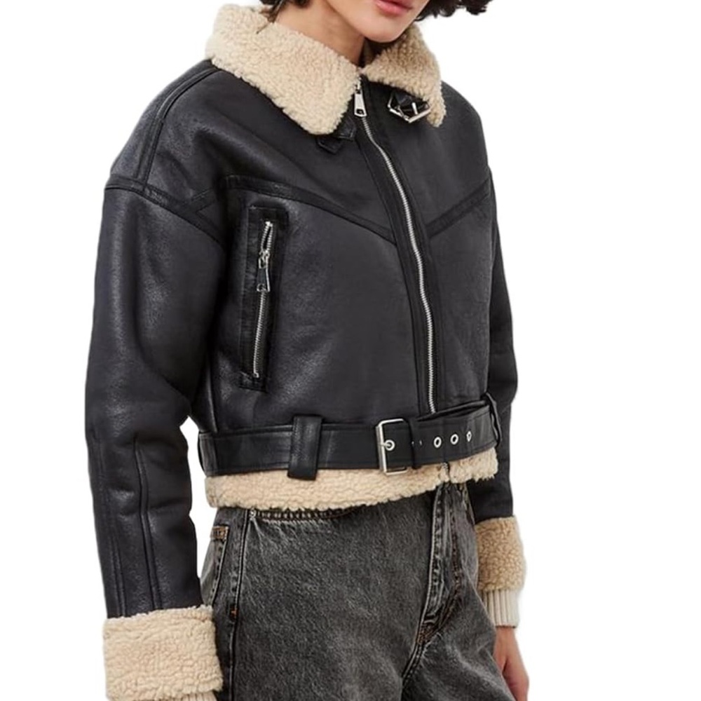 NWOT Black/Tan Faux Leather Faux Fur Crop Jacket, Size XL (Fits like a M/L) - Picture 2 of 6